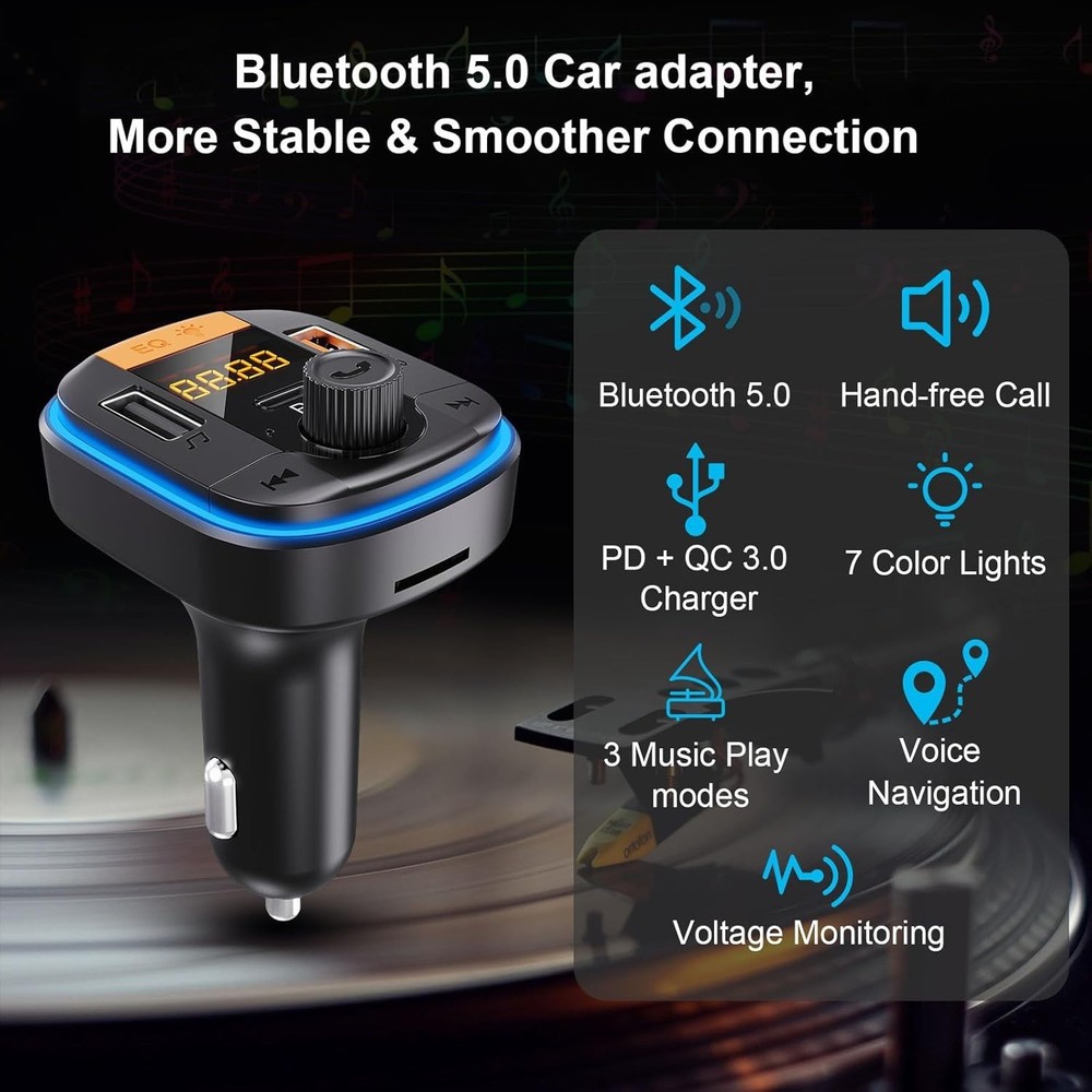 Versatile Bluetooth FM Transmitter with Fast Charge & Real-Time Voltage Display