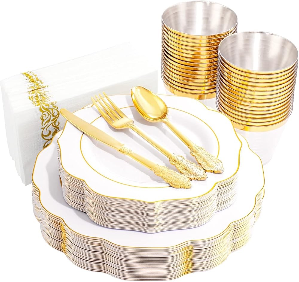 Gold Plastic Plates with Disposable Sierware - White Gold Plastic