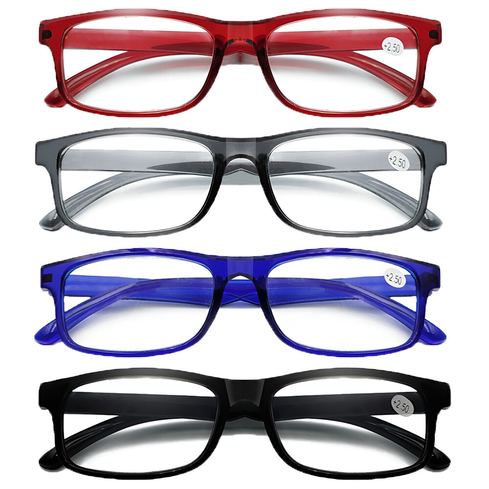 4 Pair Mens Rectangular Blue Light Blocking Reading Glasses Spring Hinge Readers