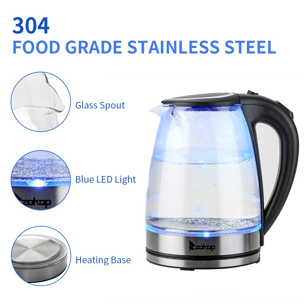 ZOKOP HD-1857-A 110V 1200W 1.8L Electric Glass Kettle US Plug