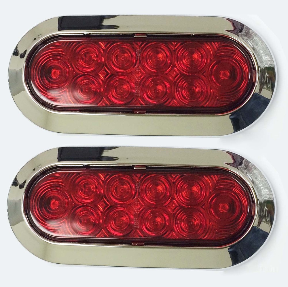 2pcs 6" Oval Chrome Trailer Truck Red 10 LED Surface Mount Stop Turn Tail Lights