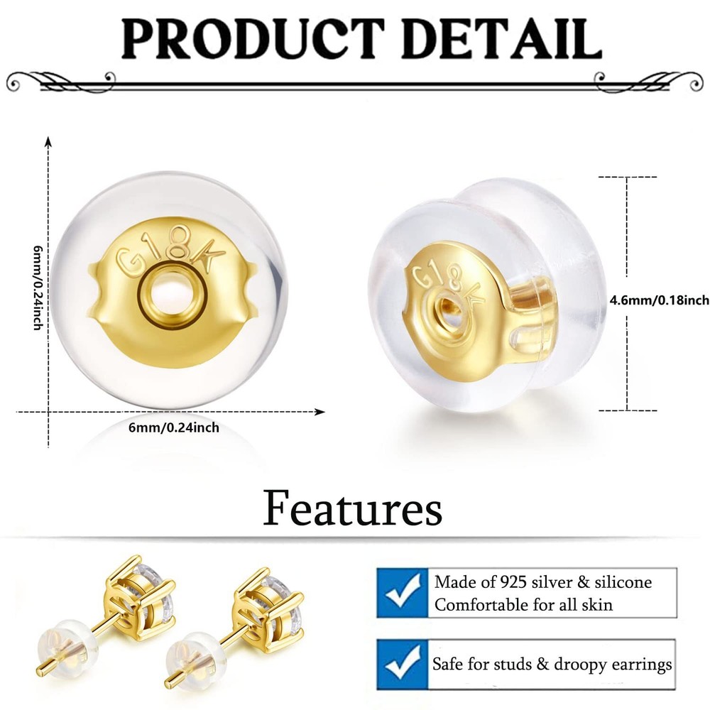 Earring Backs,18K Gold Silicone Earring Backs for Studs/Droopy Ears,Locking S...