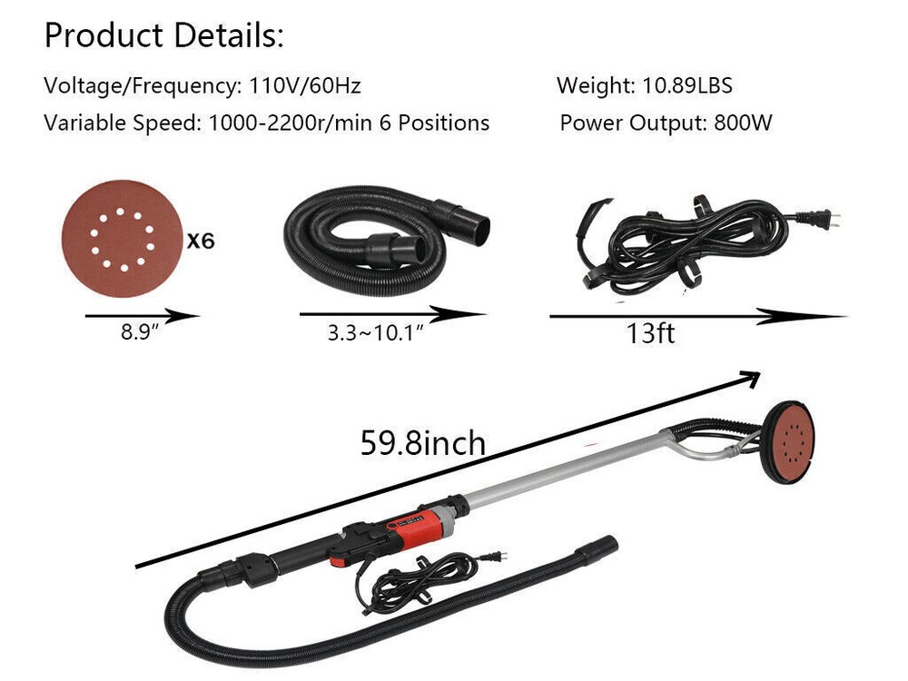 Pro New 800W Drywall Sander Electric Dry Wall Sanding Adjustable Variable Speed