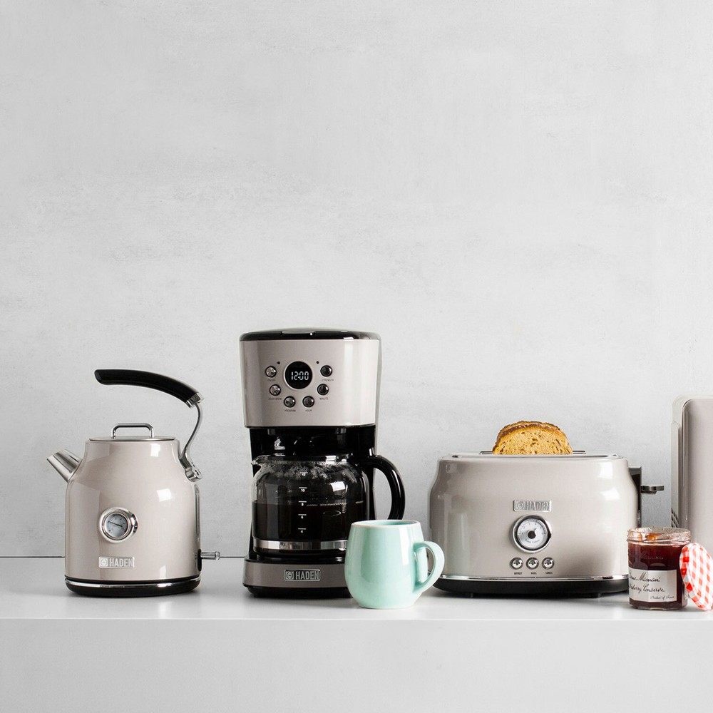 Haden Coffee Machine, 12 Cup Programmable Drip Coffee Maker, Putty & Chrome