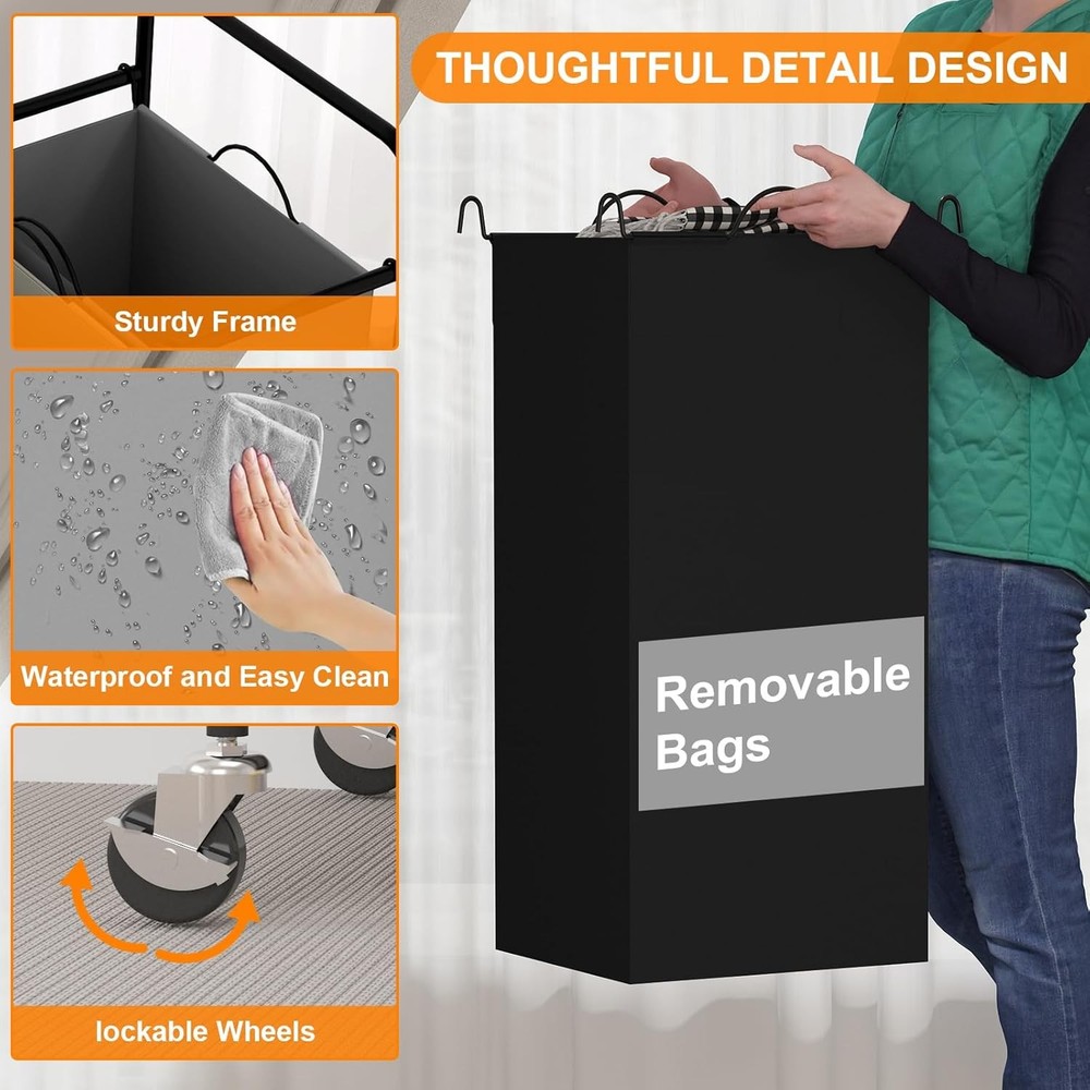 Double Compartment Rolling Laundry Basket w/ Durable Fabric Bags & Smooth Wheels