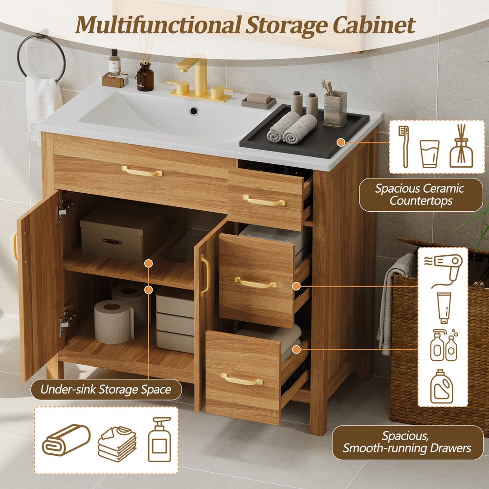 36" Wood Bathroom Vanity with Solid Wood Frame, 2 Soft Close Doors, 3 Soft Clo