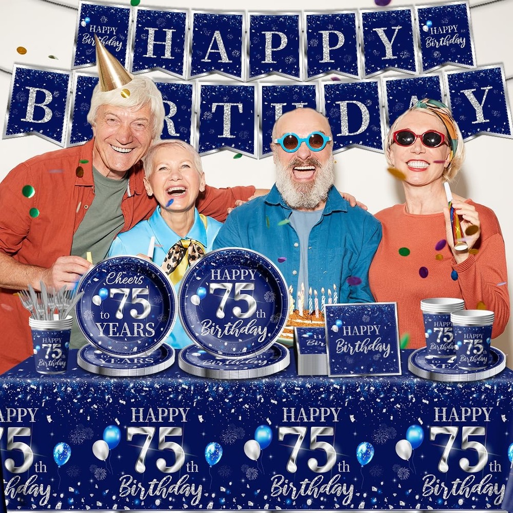 142 Pcs 75th Birthday Tableware Set Decorations Sliver and Blue