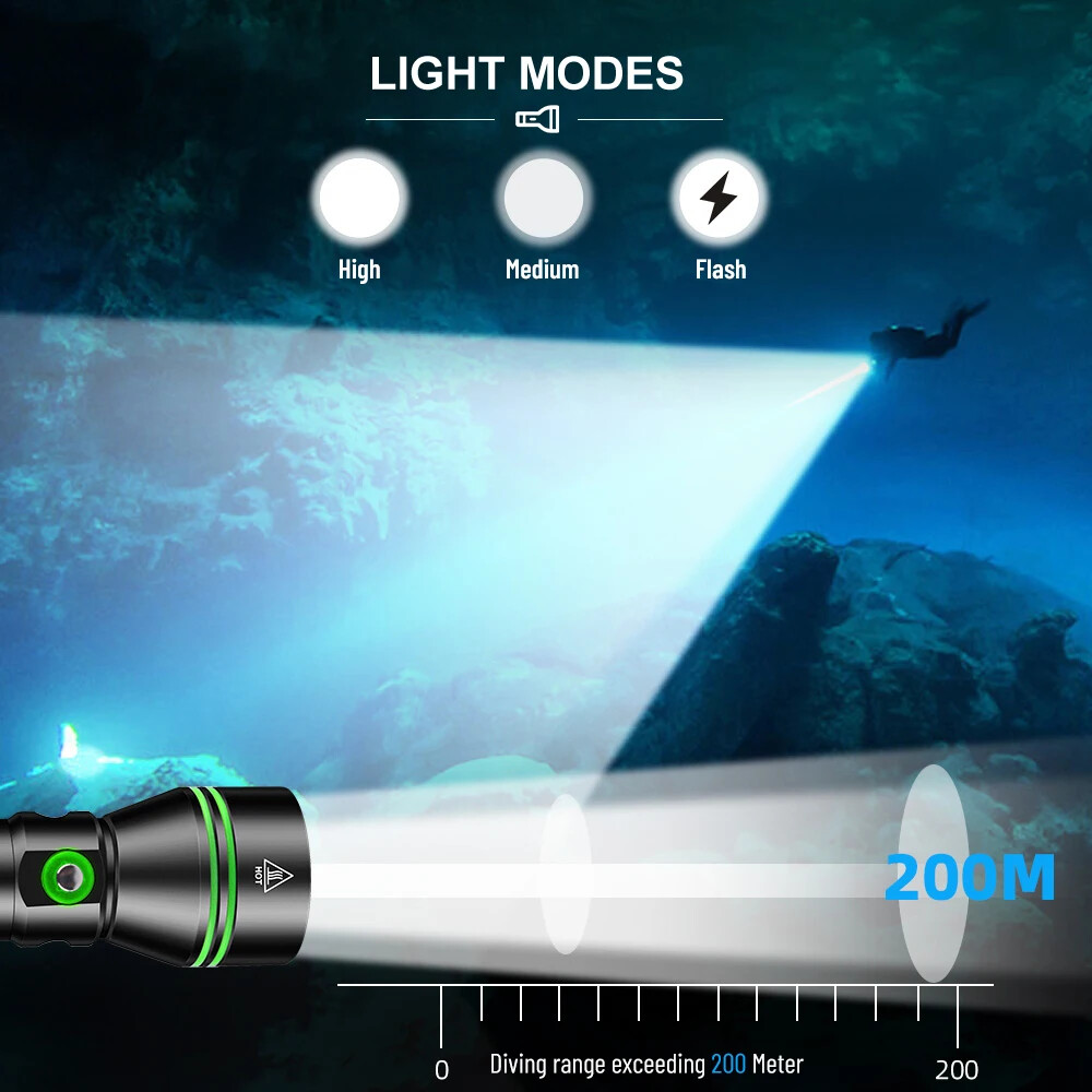 Professional LED Diving Flashlight Diving Torch Waterproof Underwater Lantern