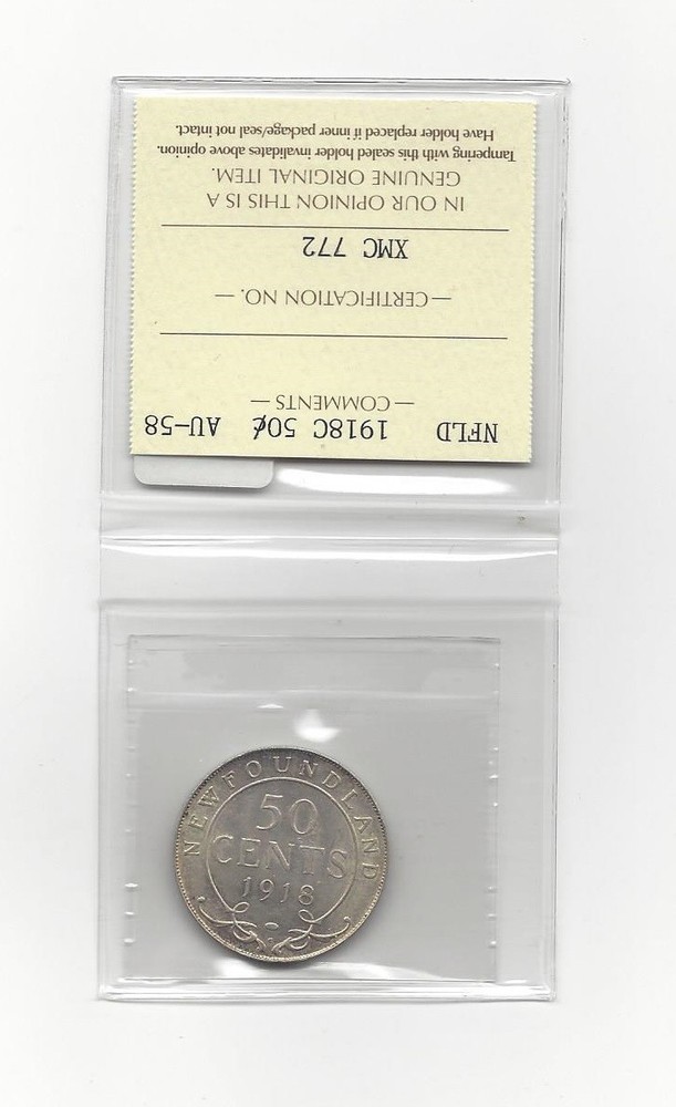 1918c, ICCS Graded Newfoundland, Silver ¢50 Cent, **AU-58**