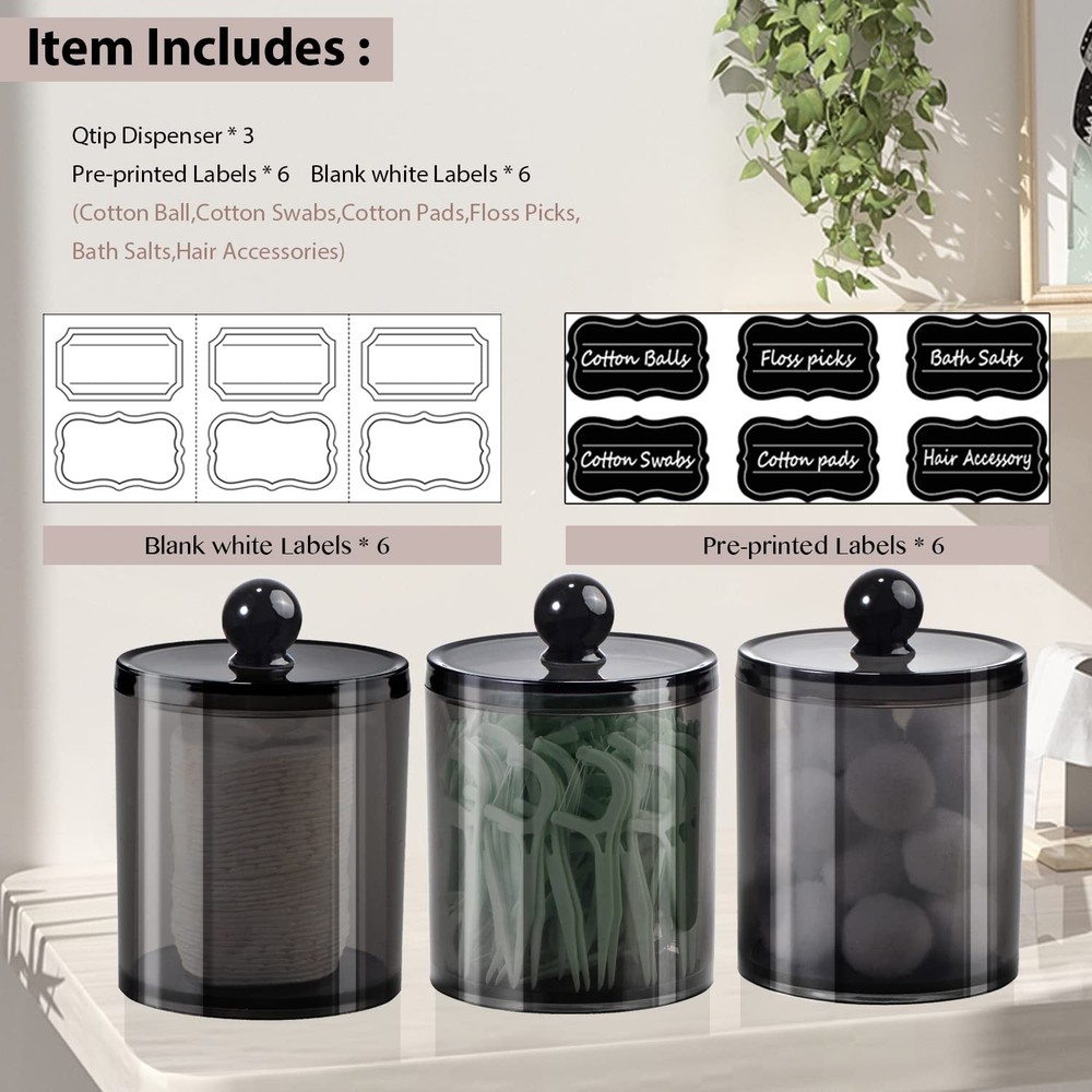 SheeChung 3-Pack Qtip Holder Black,Plastic Dispenser with 3pack, Black