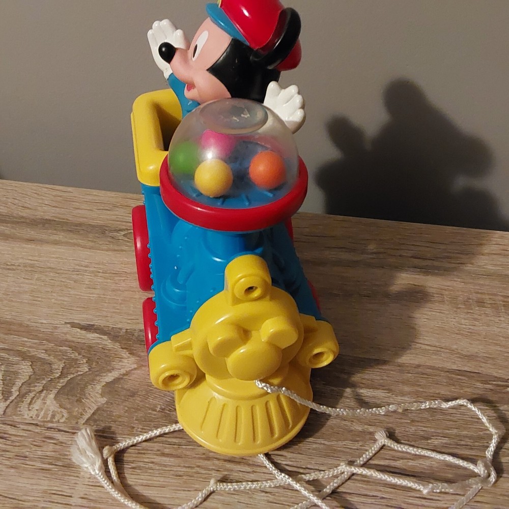 Vintage Plastic Disney Mickey Mouse on Train Pull Toy Balls Pop Up when pulled