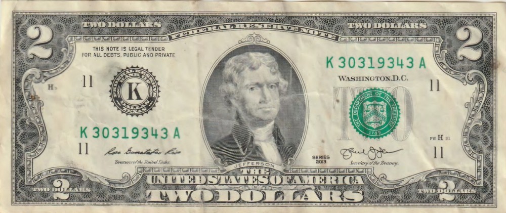 2013 US Two Dollar $2 Bill Currency Note REPEATING 3's UNUSUAL SERIAL NUMBER