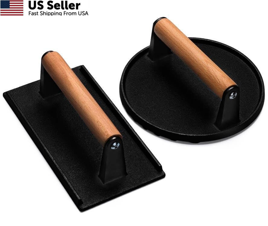 Burger Press, 7" Round & & Rectangle, Cast Iron & Rectangle