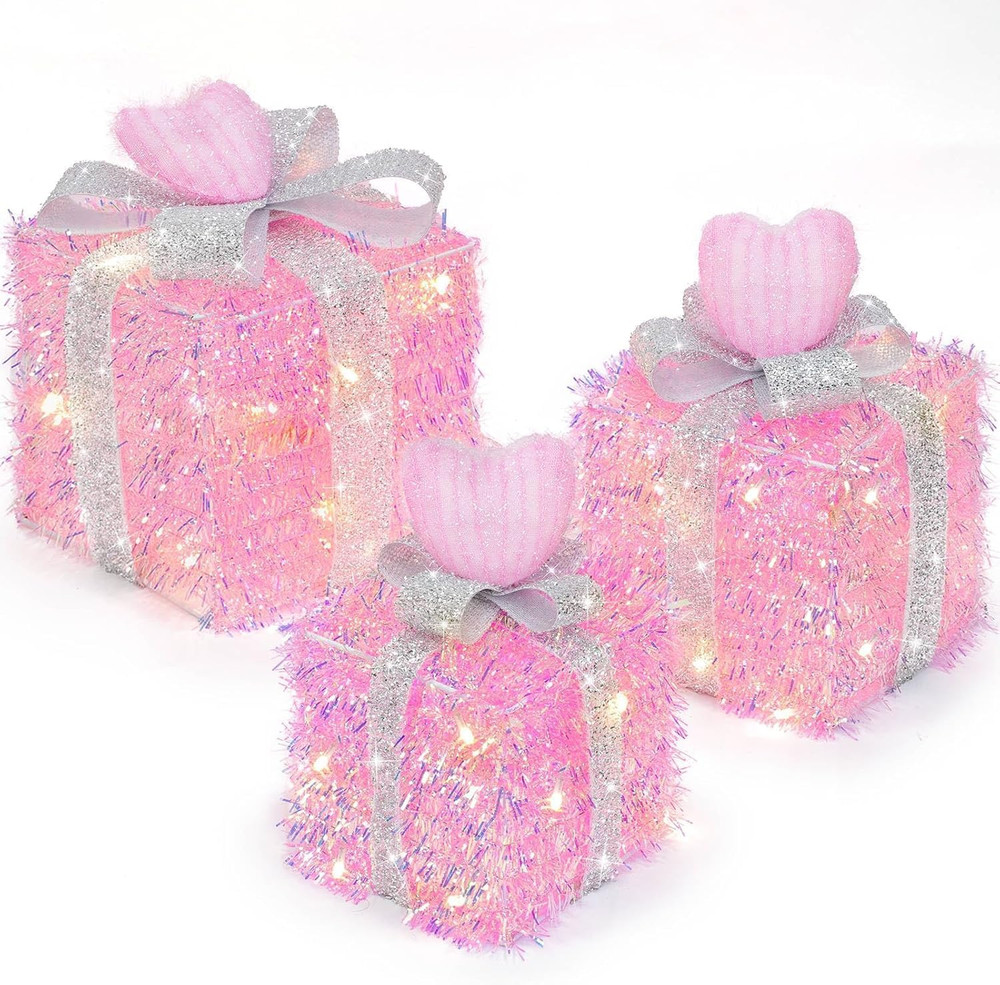 Pink Valentine's Lighted Gift Boxes with Timer, 60 LED, 3 Pack Decor