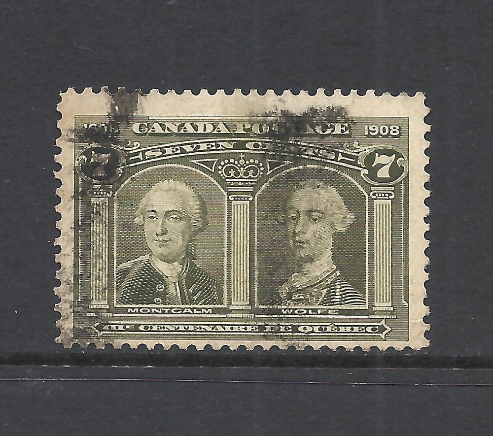 CANADA SCOTT 100 USED FINE - 1908 7c OL GREEN ISSUE - QUEBEC TERCENTENARY