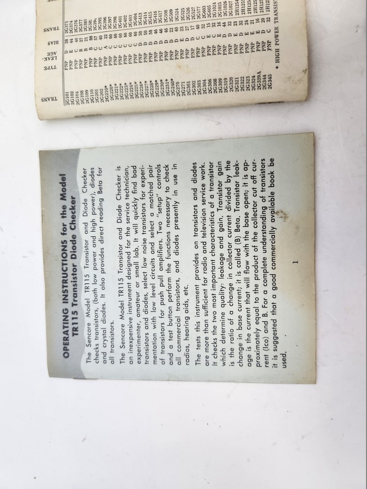 Sencore TR115 Transistor & Diode Checker Bench Tested !! Instruction Sheets !