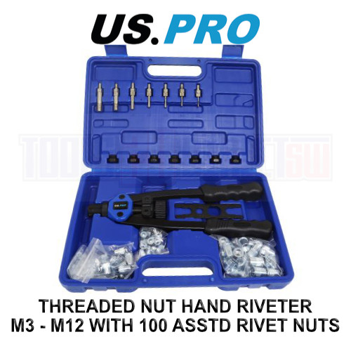 US PRO Tools Threaded Nut Hand Riveter M3-M12 With 100 Assorted Rivet Nuts 5465