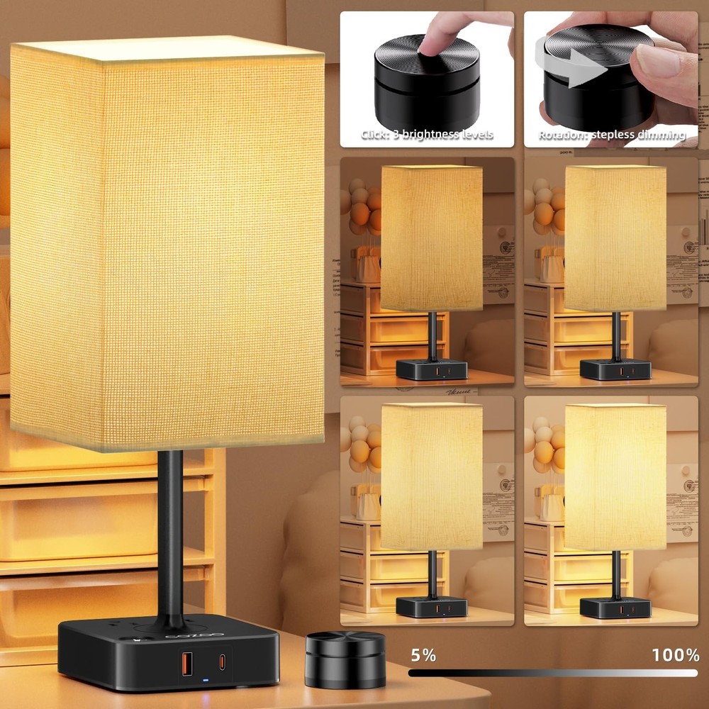 Bedside Lamp with Remote Control & Dimmable Light, 2 AC Outlets + USB-C/USB-A...