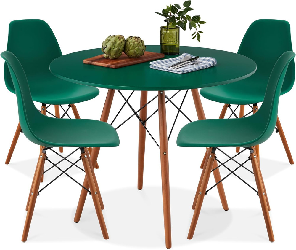 Compact 5-Piece Mid-Century Dining Set with Dark Green Chairs & Walnut Table
