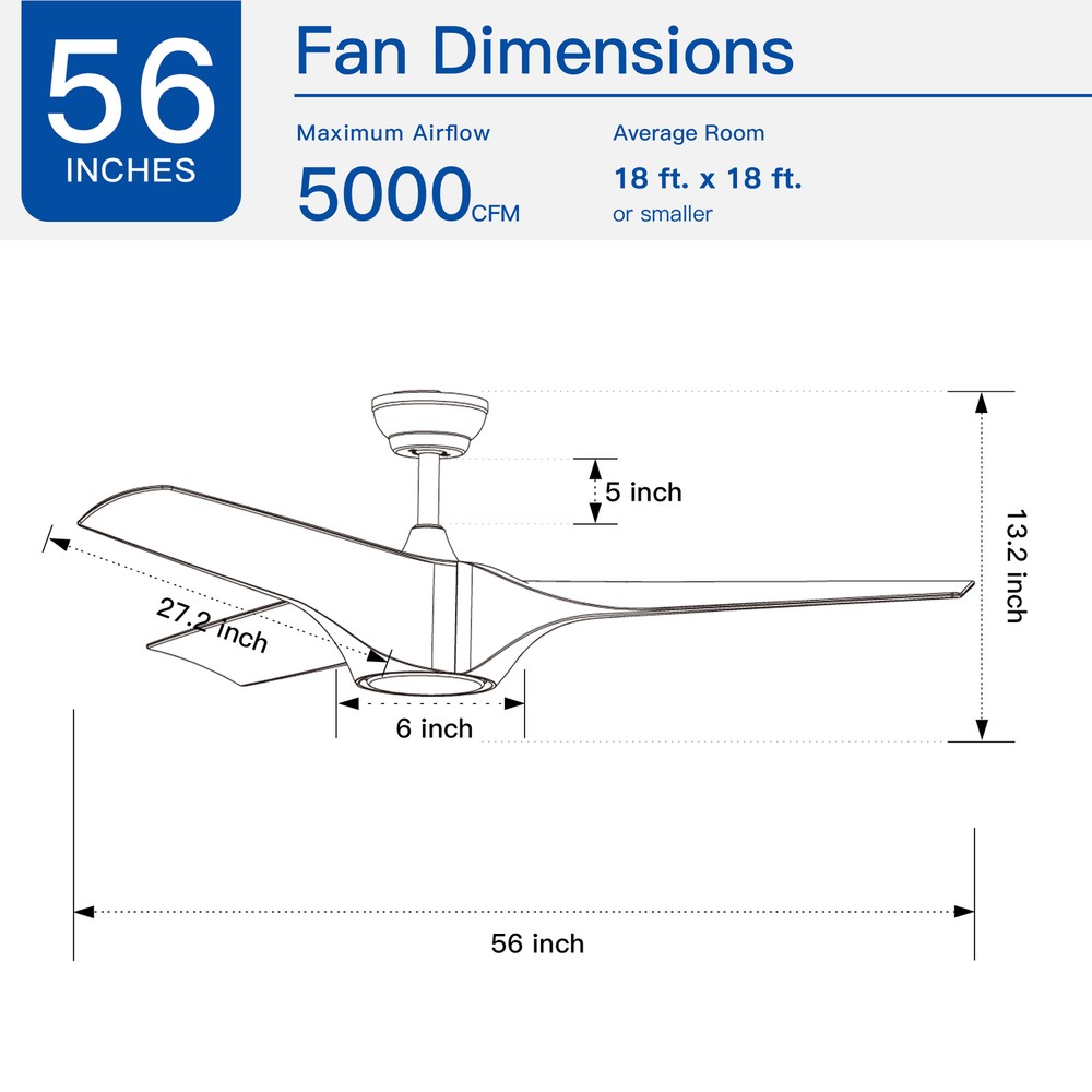 56 In Modern White Ceiling Fan with LED Light, 3 ABS Blades