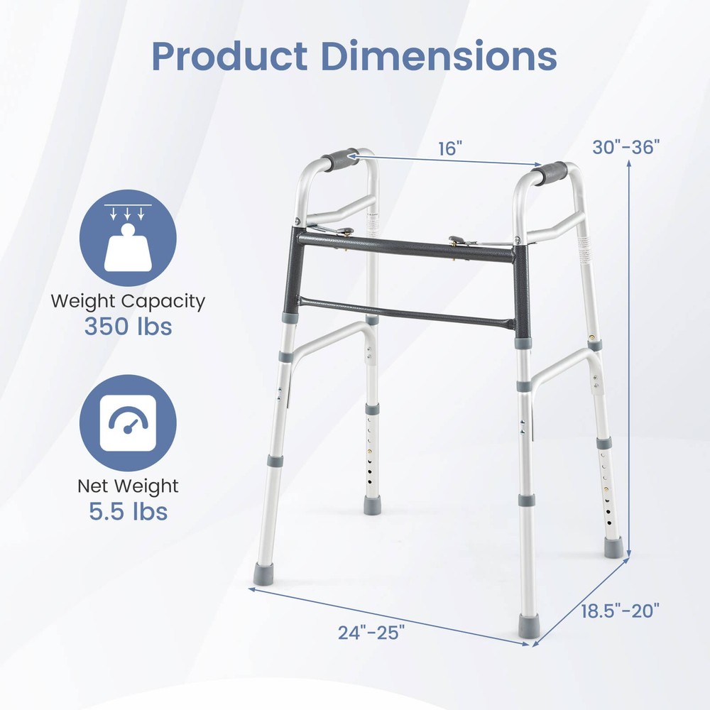 2-Button Folding Walker, 7-Level Adjustable Height, Lightweight Aluminum