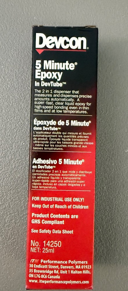 Devcon 5 Minute Epoxy 25ml DevTube 14250 Fast Setting Exp 7/28