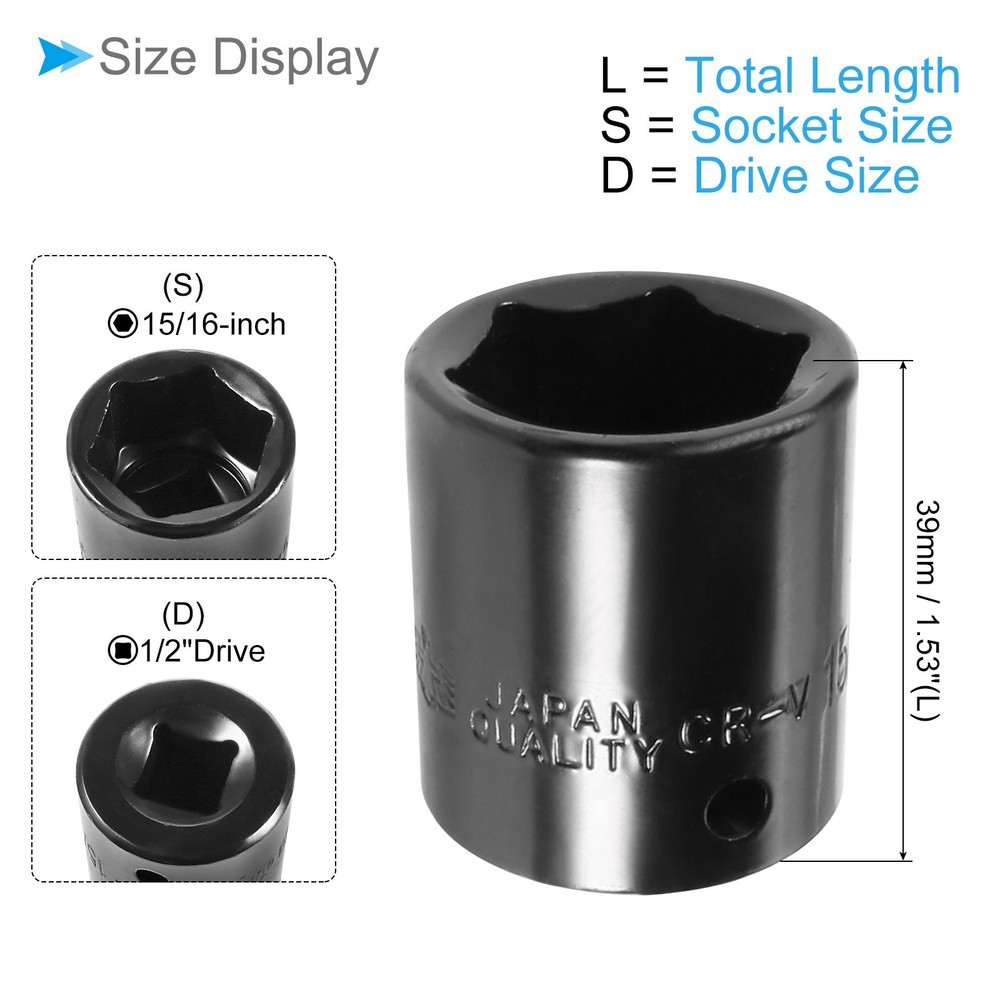 6 Point Shallow Impact Socket 1/2" by 15/16" SAE Hex Deep Socket