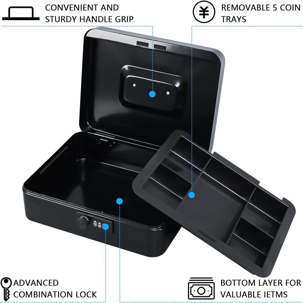 Large Combination Lock Cash Box with Compartments - Secure Money Storage 9.84"
