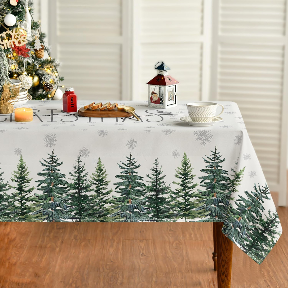 Christmas Tablecloth 60×84 Inch Rectangular, Winter Snow Trees White Washable Ta