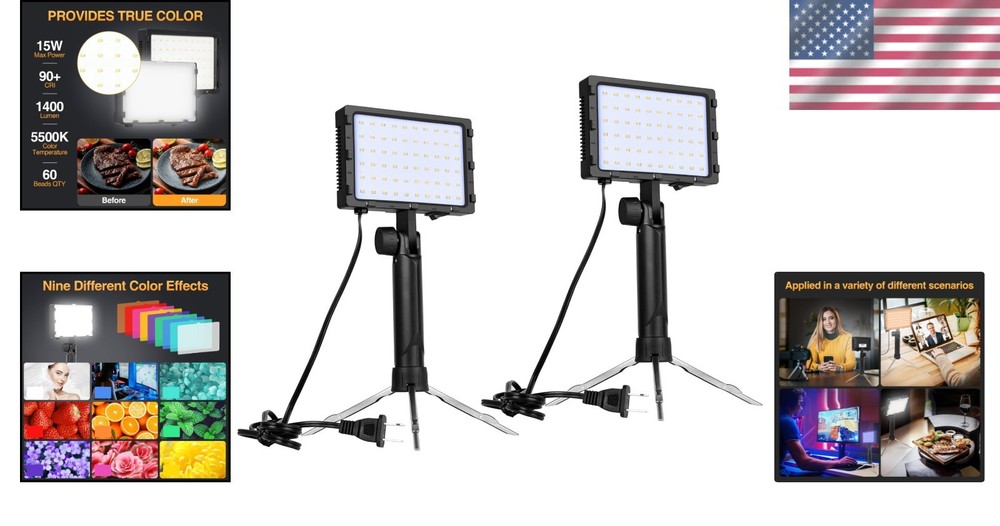 Continuous LED Studio Lighting Kit - 60 LEDs, 15W Brightness, Portable Design