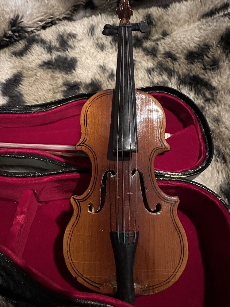 Miniature Wooden 7” Violin & Bow With Case