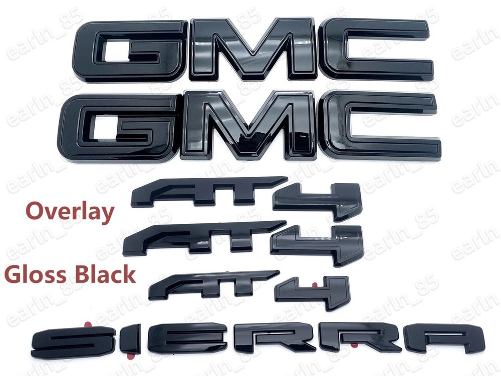 2019-2026 GMC Sierra Front & Rear and AT4 OVERLAY Emblems kit Gloss BLACK