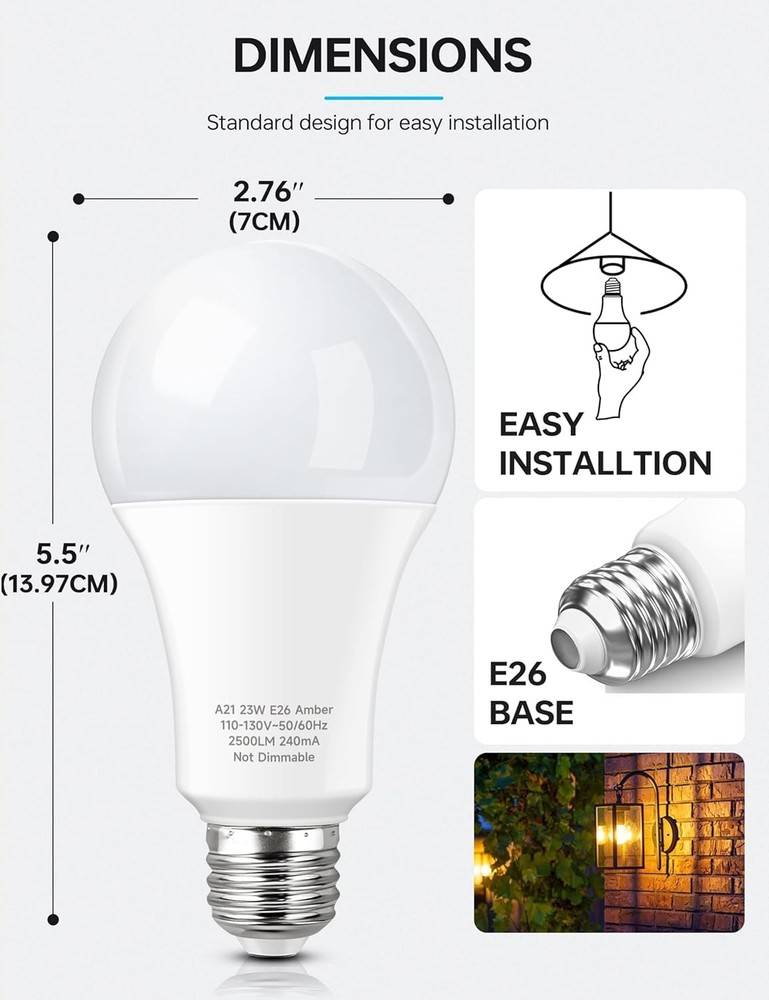 Yellow Bug LED Light Bulb 4 Pack 23W 150-200W Equivalent Amber Bug Light for ...