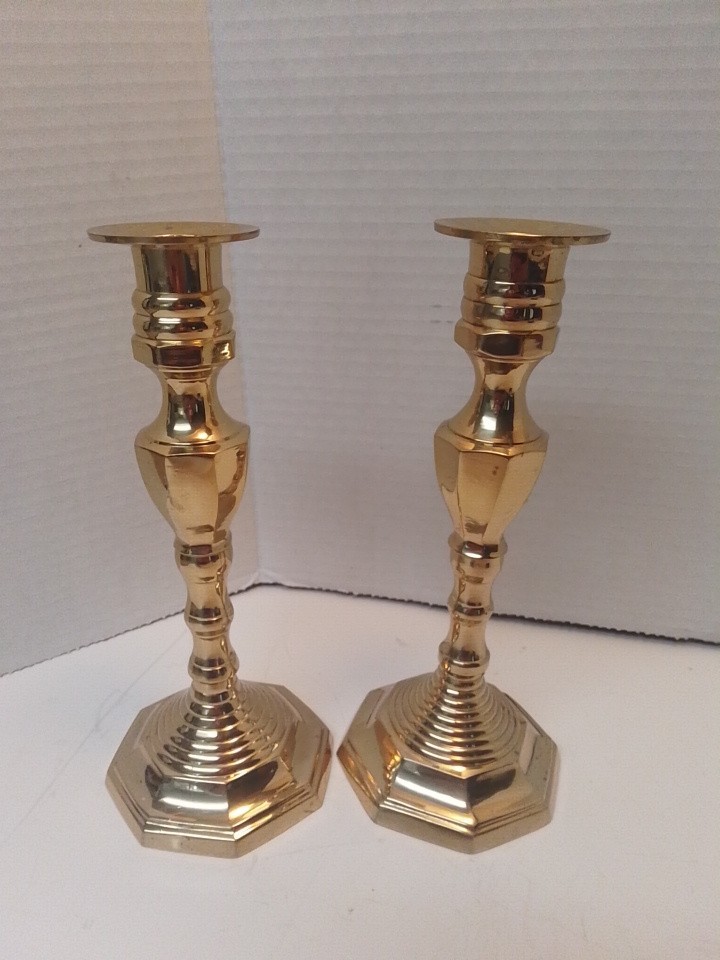 Vintage Baldwin Solid Brass Candlestick Holders Pair 8” Octagon Base Forged USA