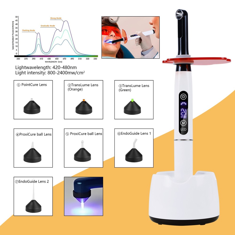 Dental Wireless Cordless LED Curing Light Lamp 1 Second Cure with 7pc Point Lens