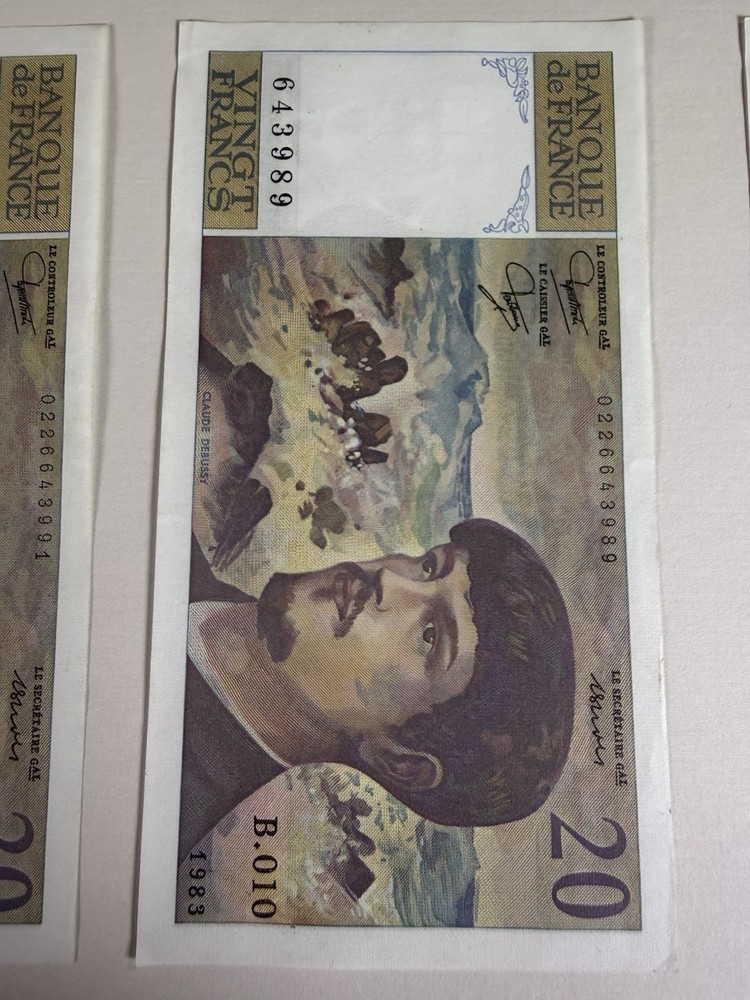 France 20 Francs 1983 Debussy 3 Consecutive UNC Notes