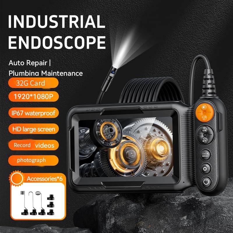Dual-Lens Endoscope Camera with Light, Borescope 5" IPS Screen, black