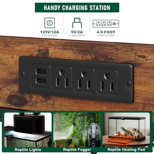 Reptile Tank Stand with Power Outlets，48" X 24" Double Layer Rustic Brown