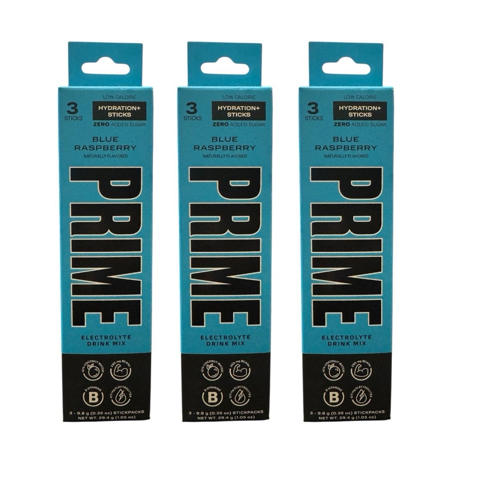 Prime Hydration Blue Raspberry Electrolyte Drink Mix 9 Sticks Total (3 Boxes)