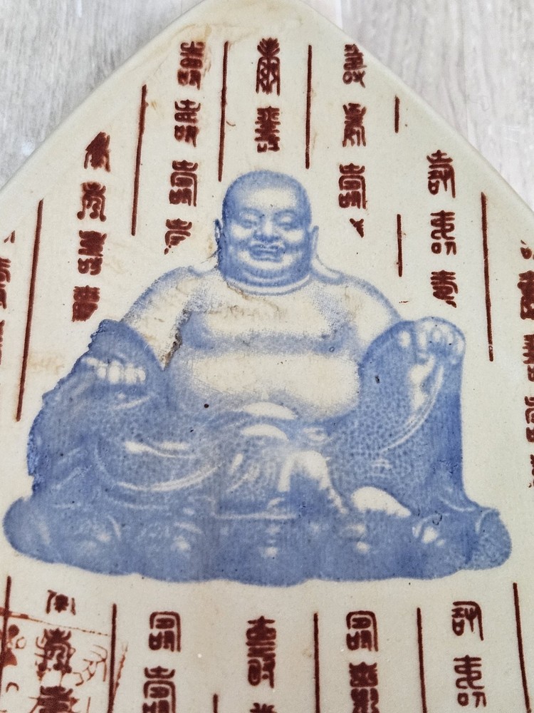 Ceramic Buddha Incense Burner Holder Triangular Asian Script Blue Red Wall...