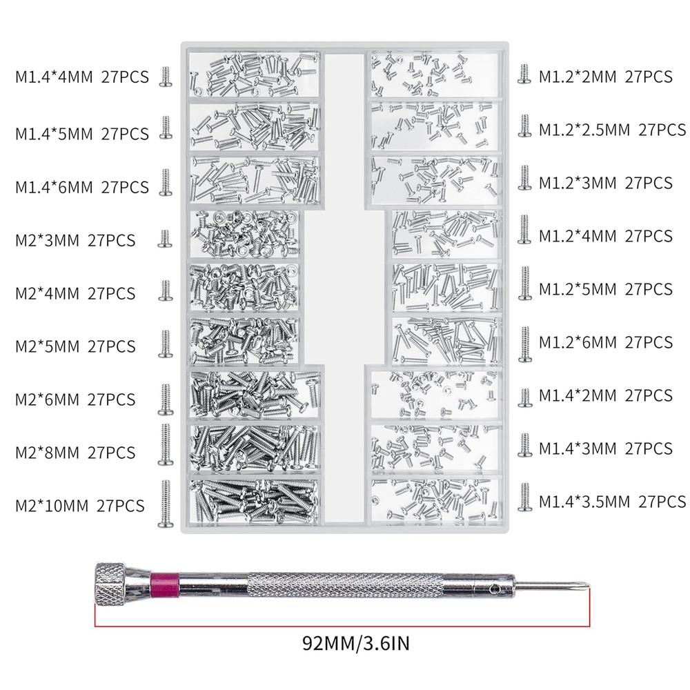 500 Pcs Laptop Screws Kit, M1.2/M1.4/M2 Tiny Computer Replacement Screws