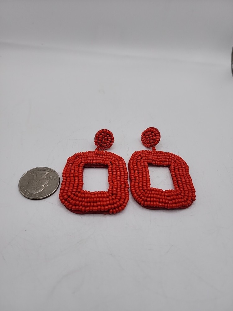 Vintage Pierced Earrings Red Seed Beads Square Shape Unsigned Artisan 2.5"...