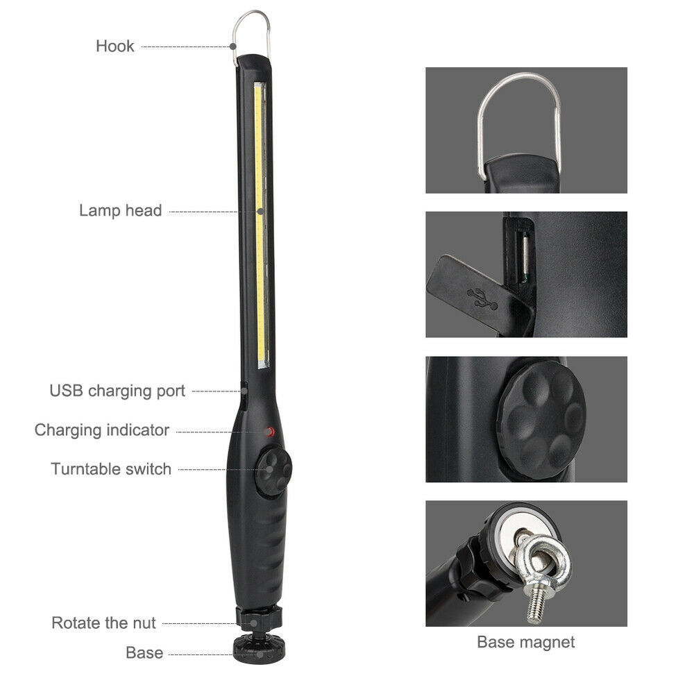 2*Rechargeable LED USB Slim WorkLight Mechanic Flashlight Lamp Bar Camping Torch