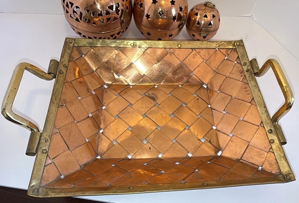 Woven Copper & Brass Tray With Three Hinged Decor Balls