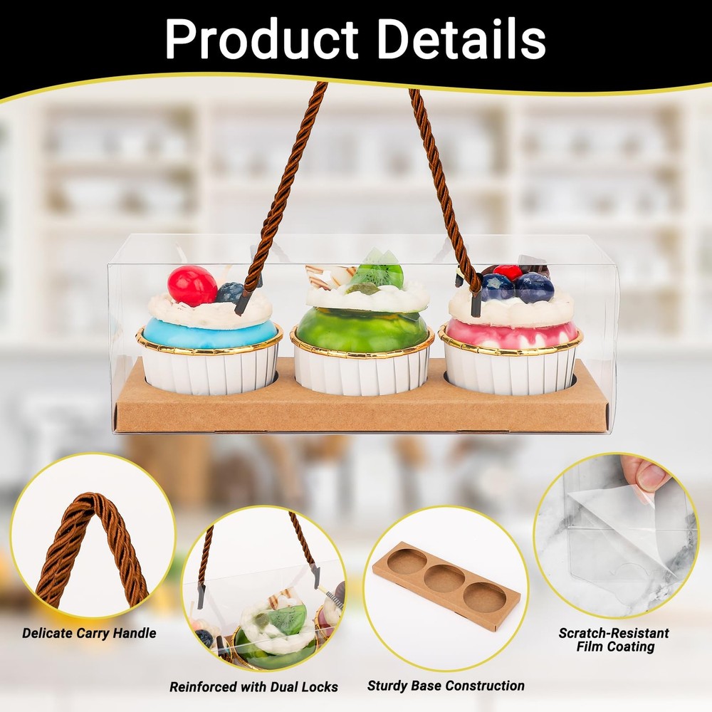 Cupcake Containers 10 Pcs 9"x3"x3"Brown Clear Muffins Boxes 3 Compartments
