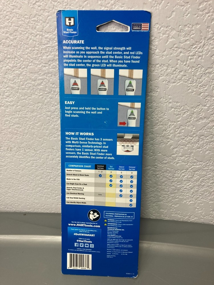 HART BASIC STUD FINDER 3-Sensors 1.0" DETECTION DEPTH DEEP SCAN Wood Metal Studs
