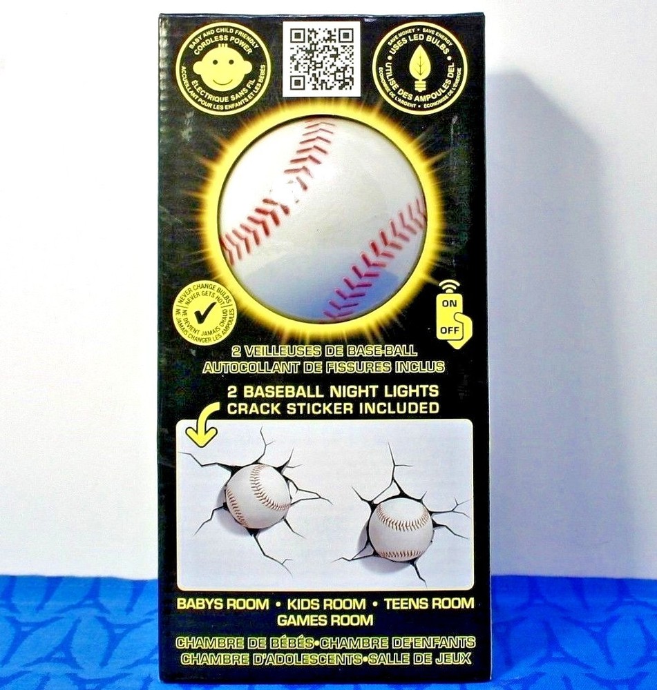 3DlightFX TWO BASEBALLS LED Night Lights w/ 'smashed' wall decals w/ remote NEW!