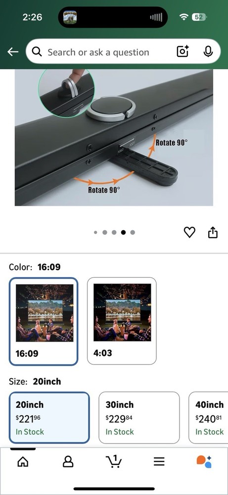 Projector Screen 20 Inch. 16:09