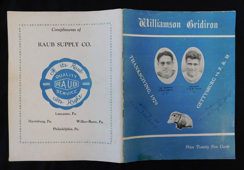 Williamson Gridiron Thanksgiving 1929 Program - Gettysburg Vs F & M
