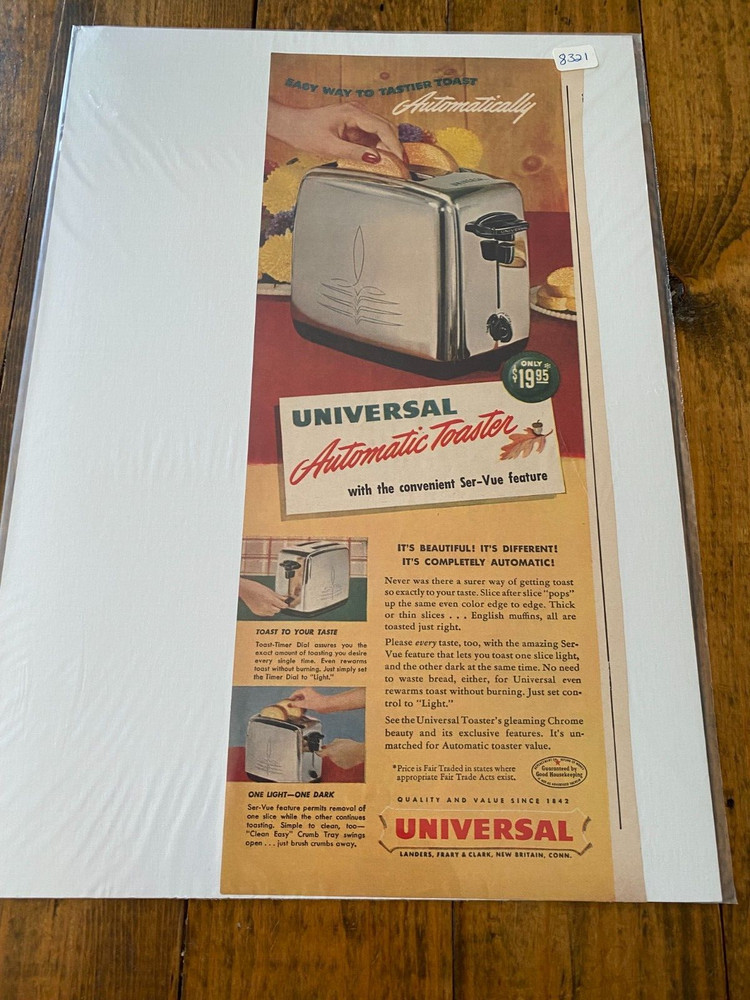 Vintage 1950 Universal Automatic Toaster Convenient Ser-Vue Feature ad